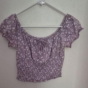 Me to We Mauve Floral Tie-Front Smocked Crop Top